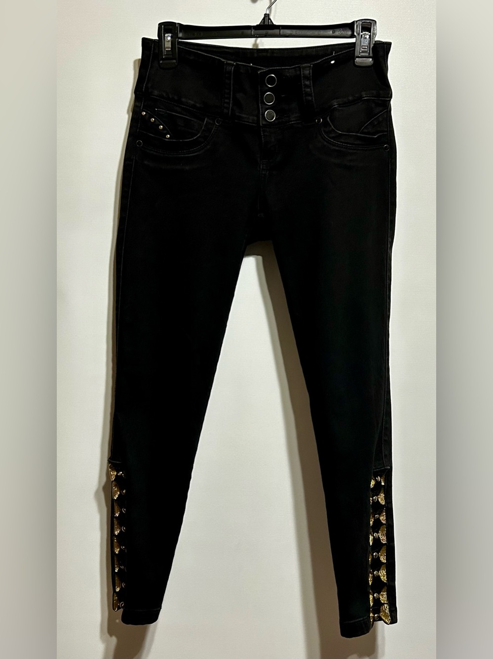 Women's Black Skinny Jeans with Gold cut away leg